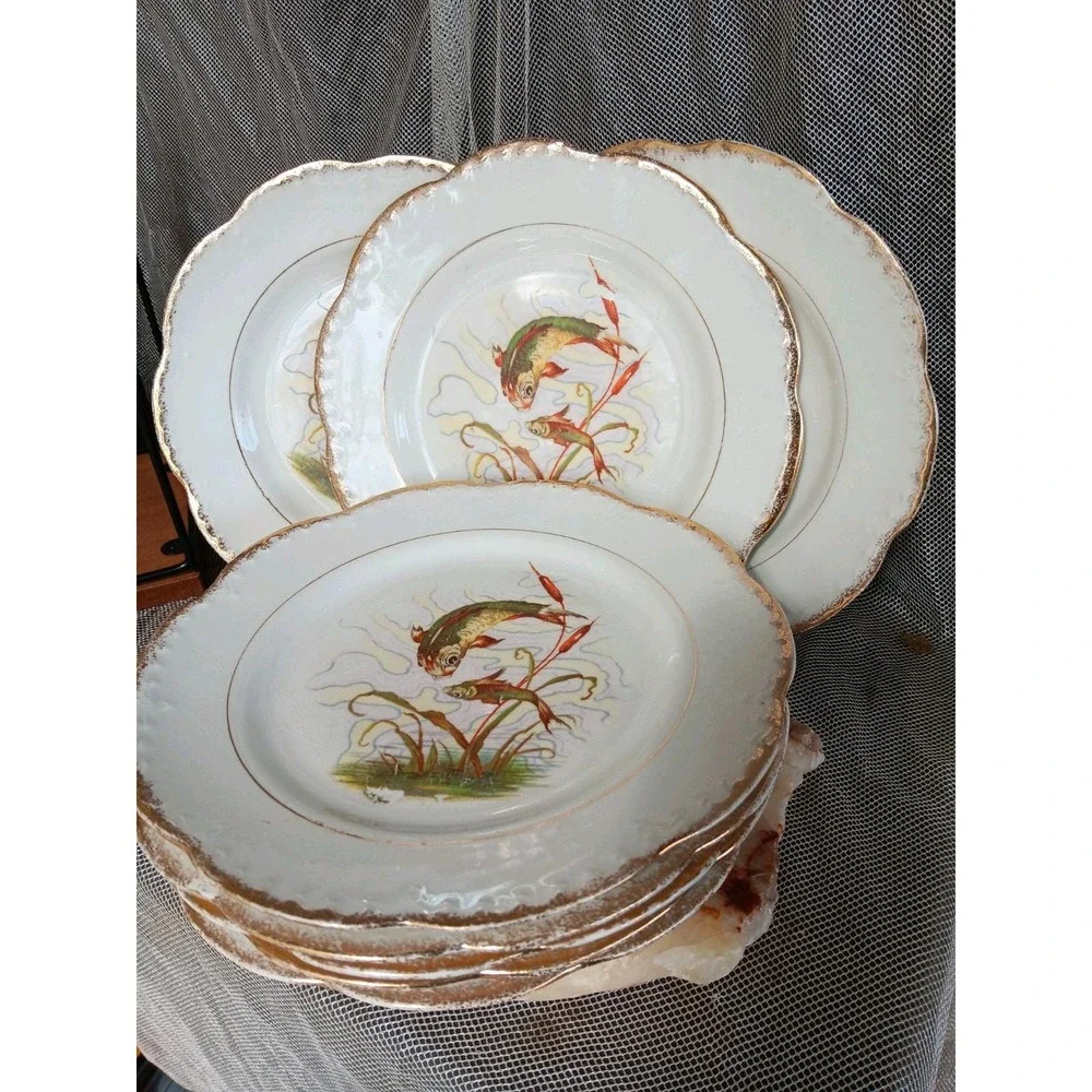 LEBEAU Porcelain Fish Plates French Antique Underwater Asian Style Scene. Set 7
